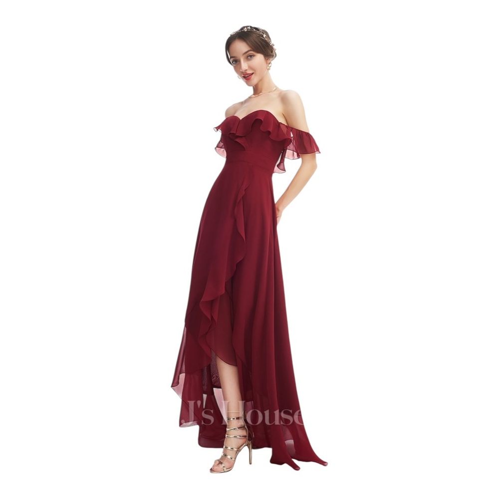 JJ’s House / #258418 A-line Off
Shoulder Asymmetrical Burgundy / SZ 16 / NWT